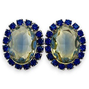 Vintage WEISS Signed Faceted Yellow Glass & Blue Rhinestone Oval Clip Earrings